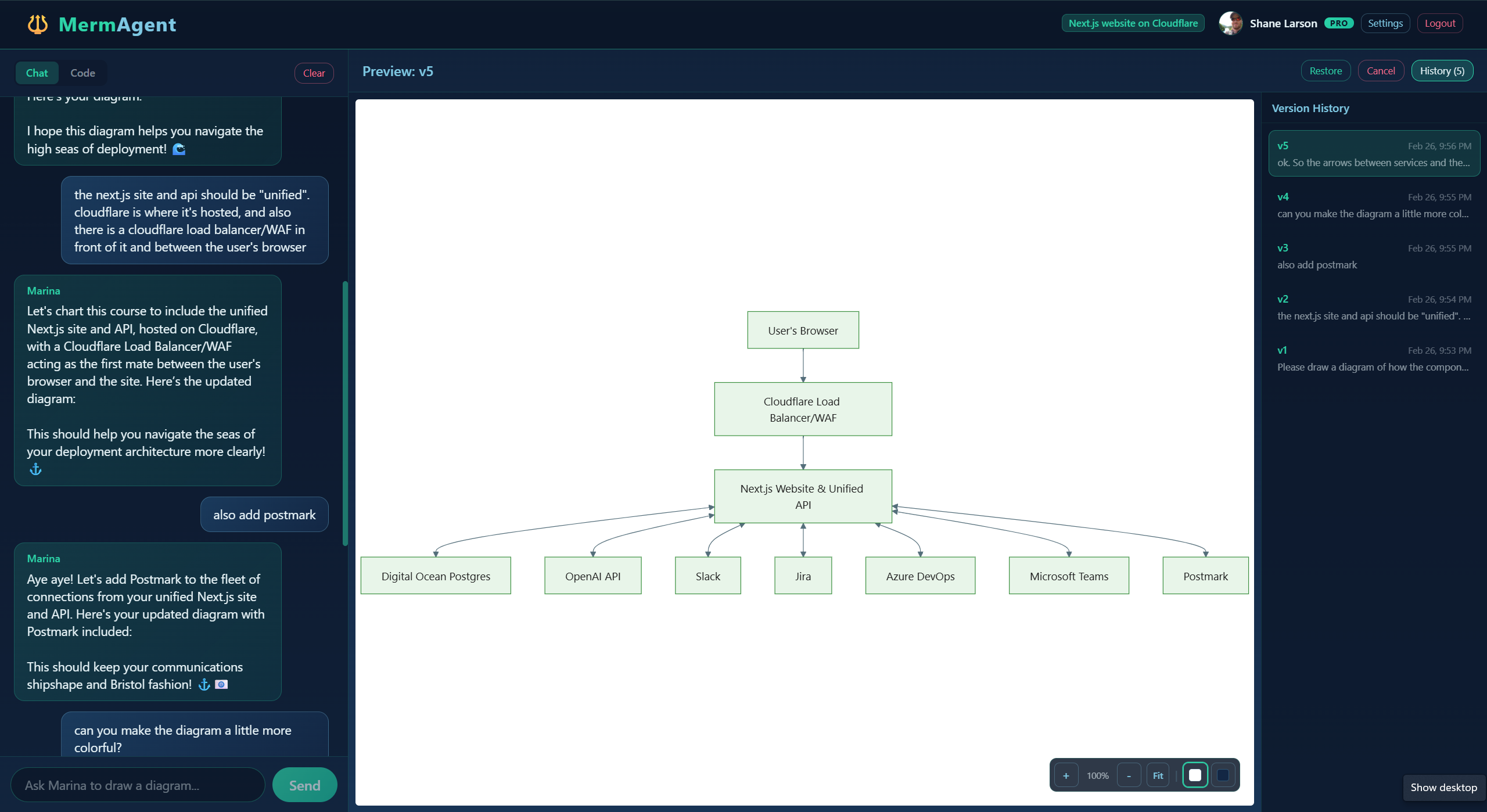MermAgent app showing chat interface and rendered diagram side by side